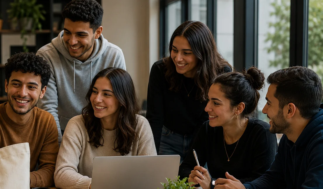 Des apprenants adultes échangent dans un espace de travail lumineux